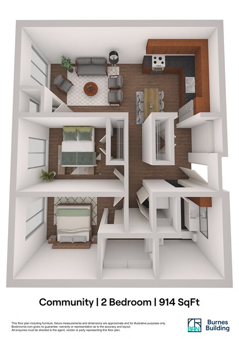 Floor plan for 2 beds, 1 bath, 914 sqft